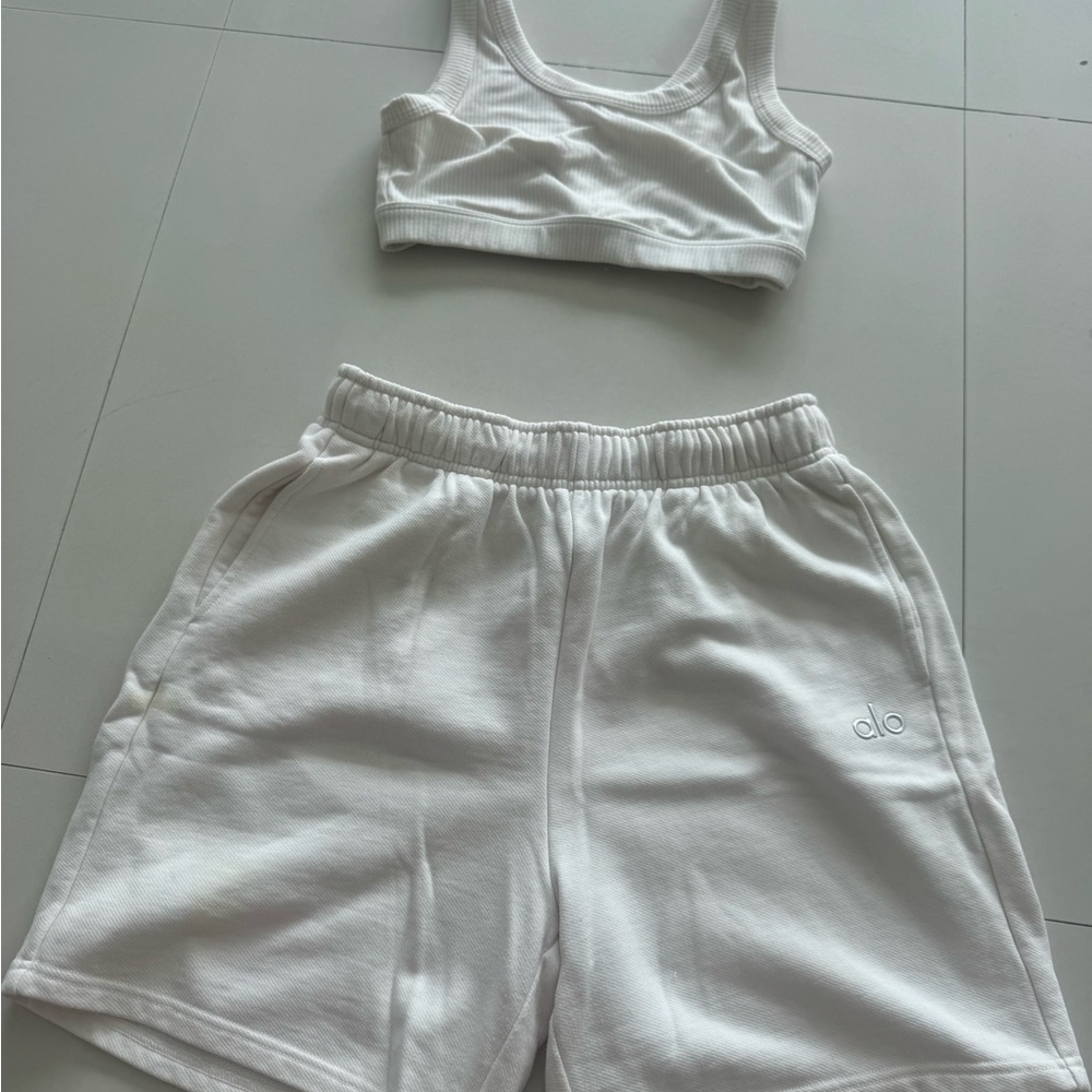 ALO Yoga White Ribbed Sports Bra and White Sweatshorts Set